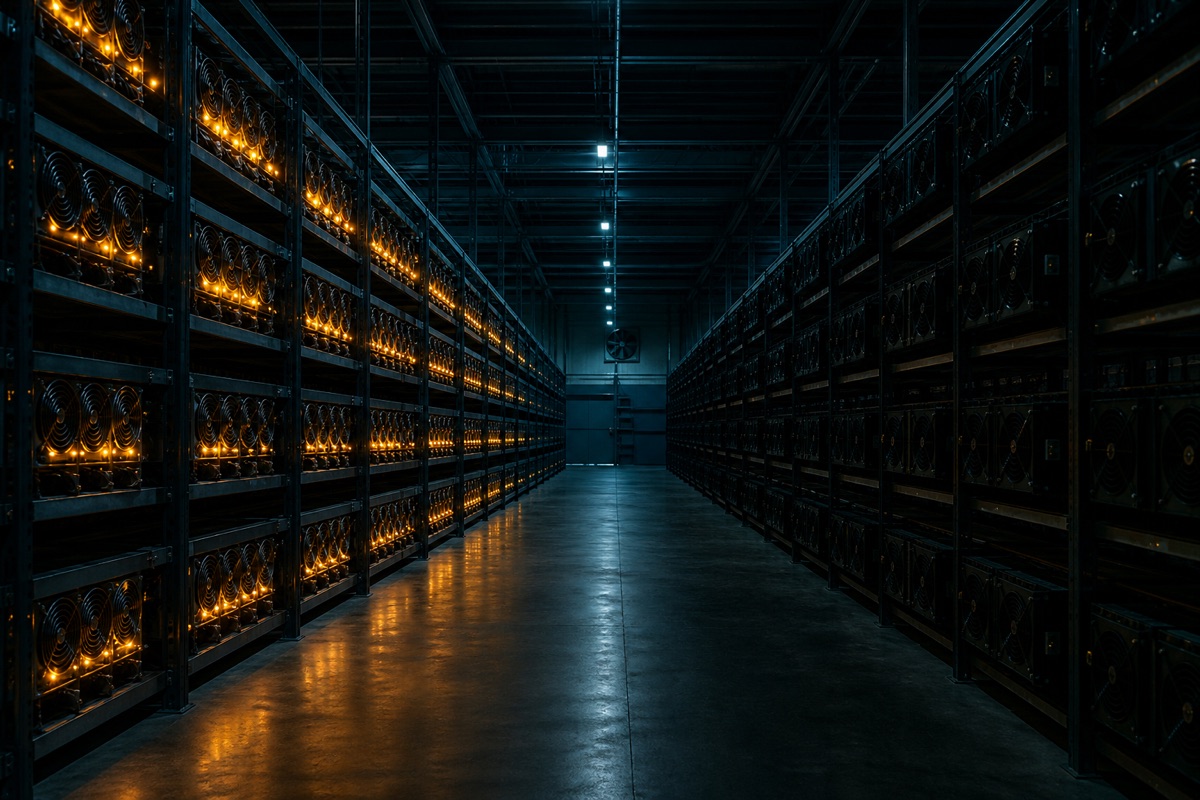 Rows of cryptocurrency mining machines lit in deep blue and amber