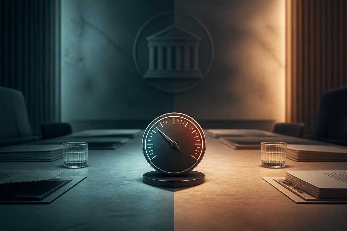 A policy dial positioned between cool and warm paths in a central-bank boardroom