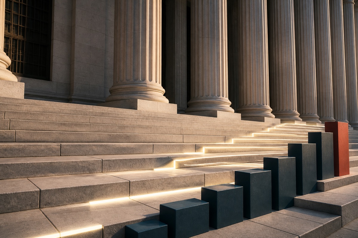 Rising illuminated steps and columns representing higher interest rates