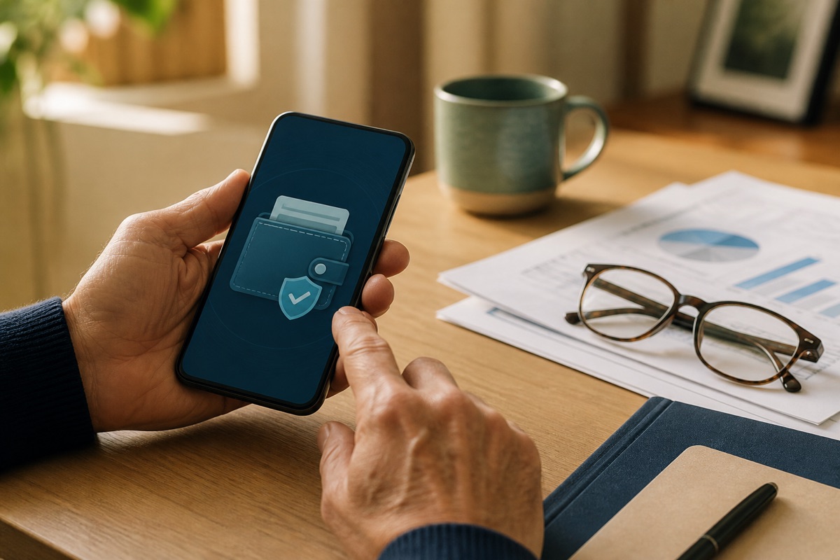 A mature saver using a secure digital wallet beside retirement documents
