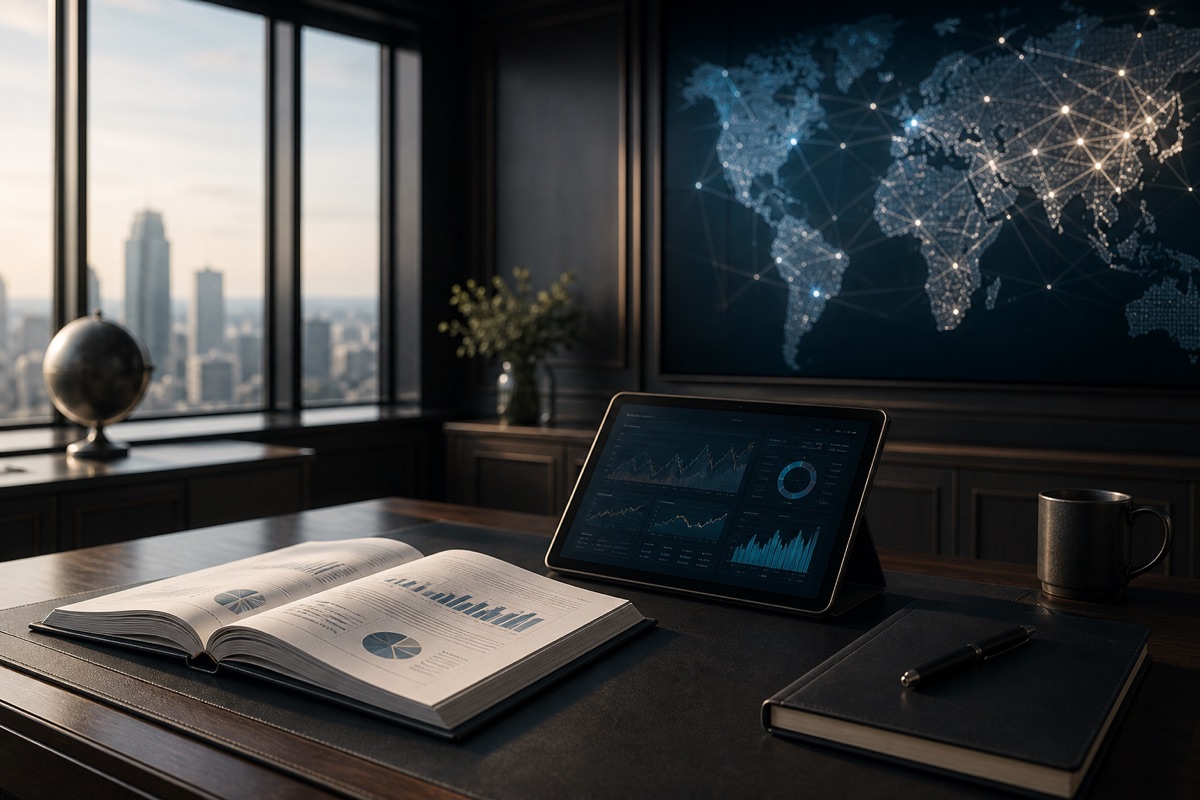 An institutional investment desk connected to a global digital distribution map