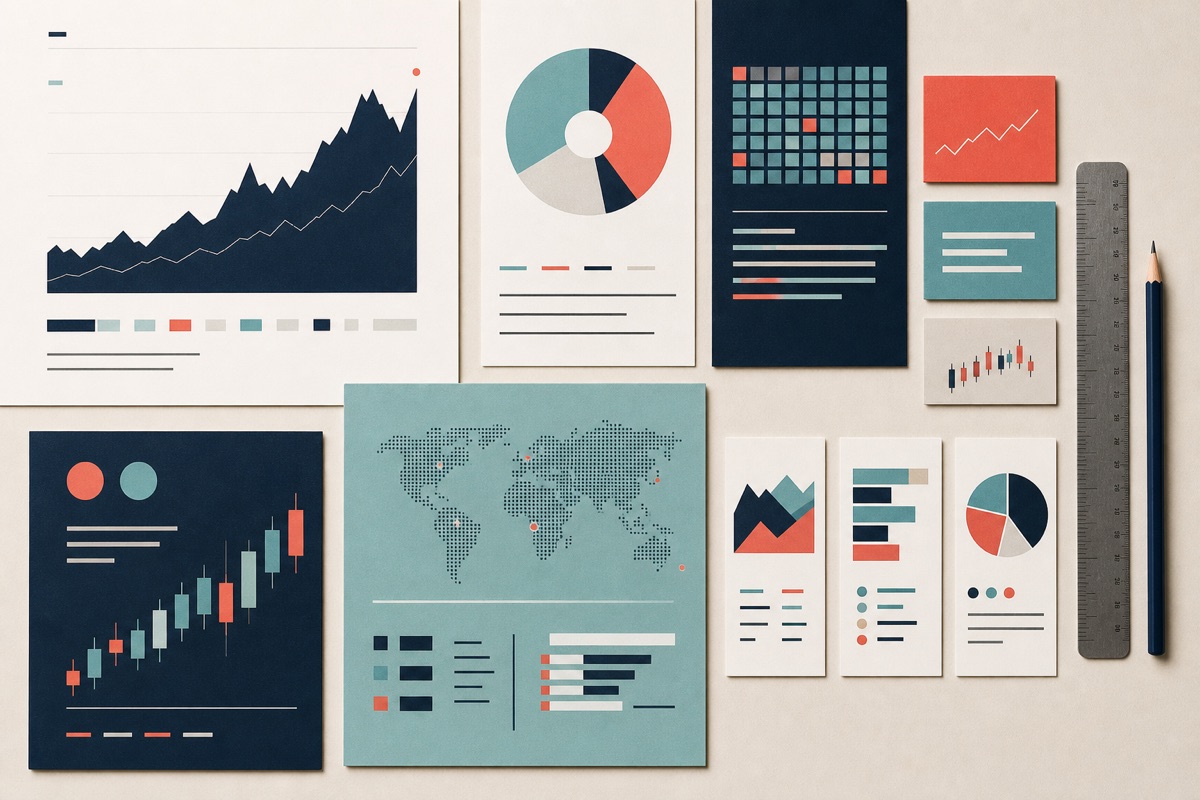 A top-down editorial workspace of financial charts and visual data cards