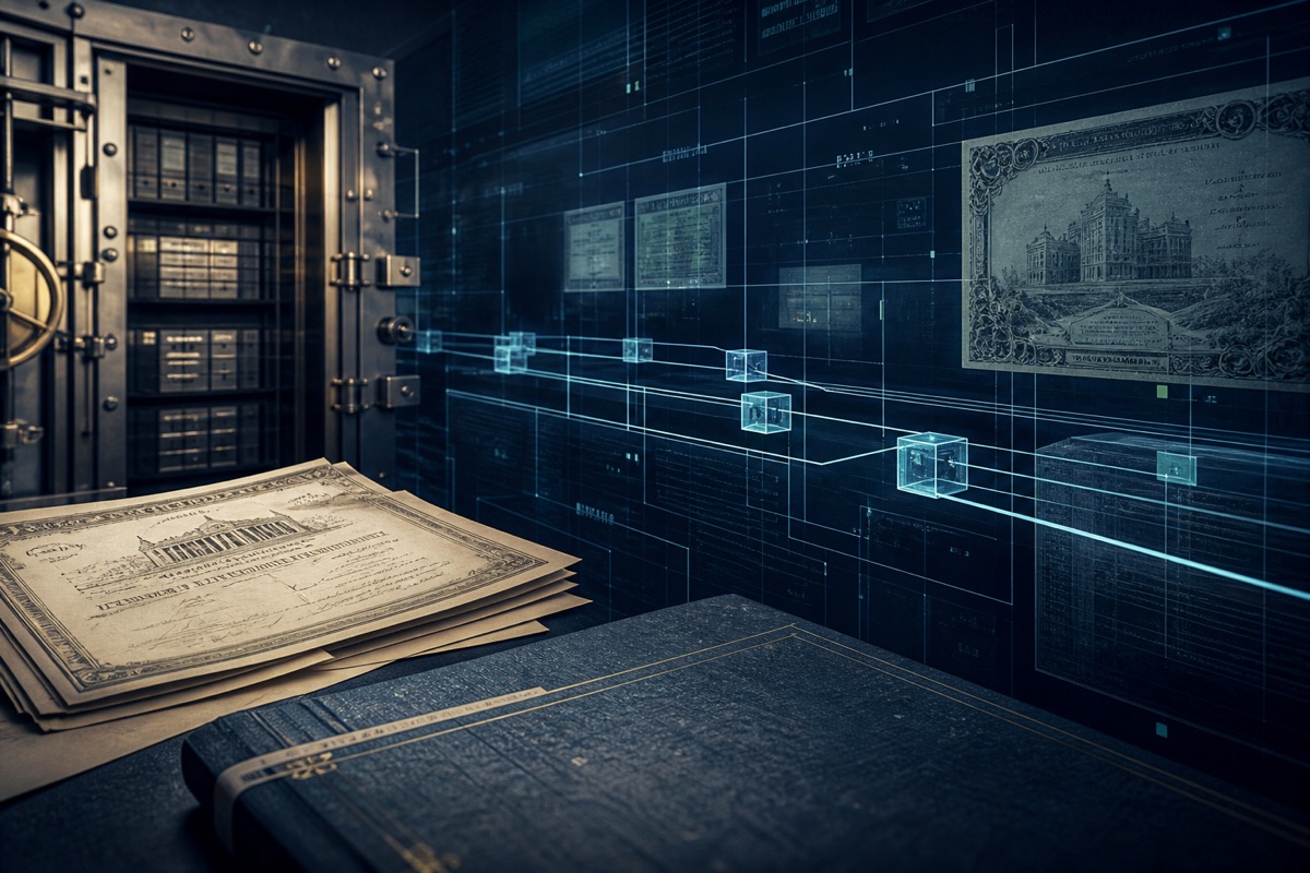A securities vault and financial documents connected by secure digital settlement rails